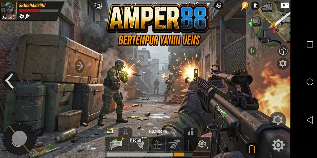 Screenshot menampilkan aksi intens dalam gameplay AMPER88.