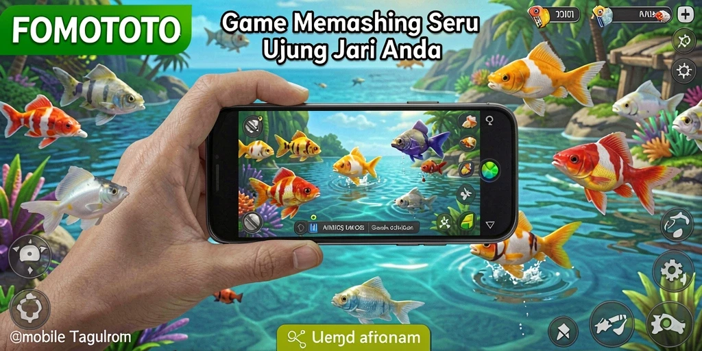 Gameplay FOMOTOTO menampilkan keseruan memancing ikan di alam yang indah.