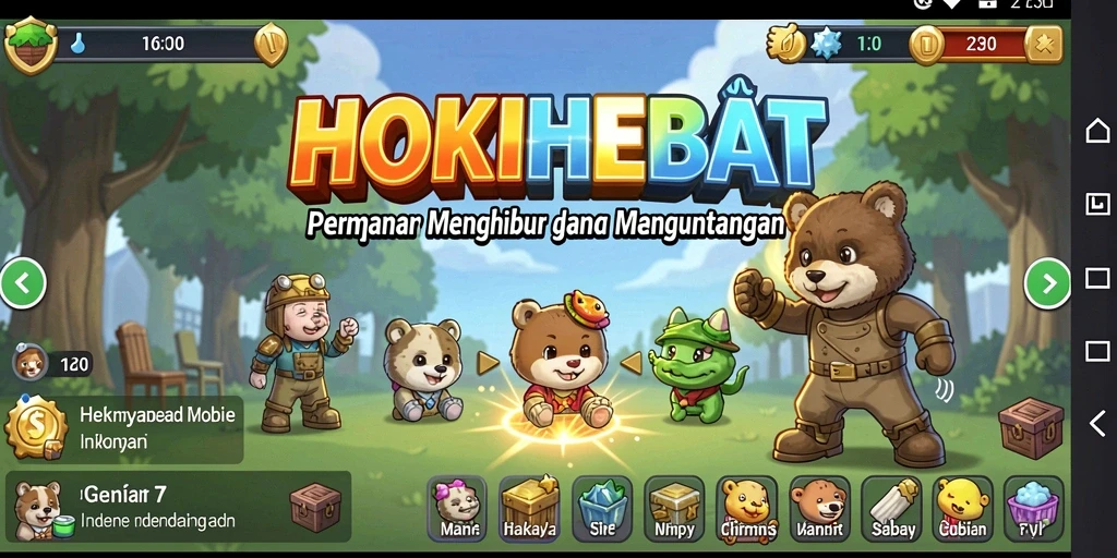 Screenshot gameplay HOKIHEBAT menampilkan kemajuan karakter secara otomatis.