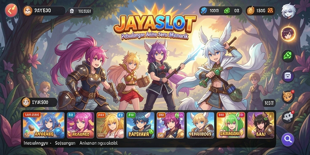 Gameplay seru JAYASLOT dengan karakter anime yang berwarna-warni.