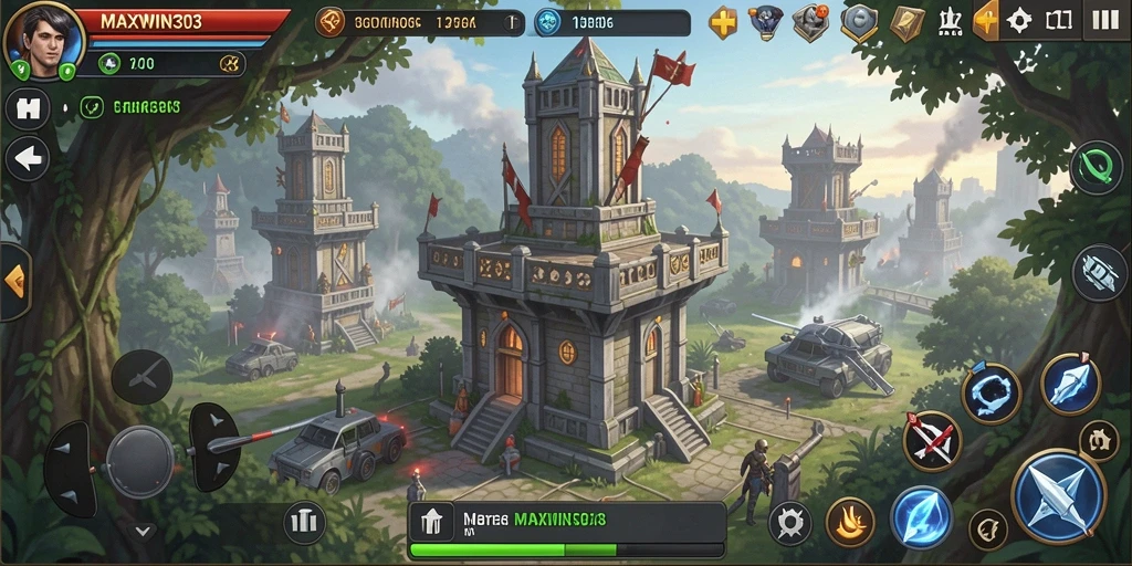 Tampilan gameplay seru dari MAXWIN303 dengan menara pertahanan yang strategis.
