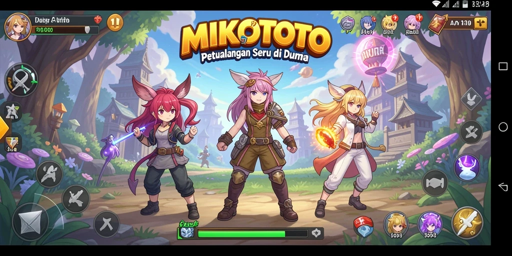 Tampilan gameplay MIKOTOTO dengan karakter anime yang beraksi.