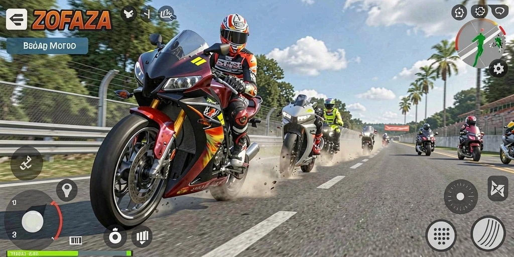 Tampilan gameplay ZOFAZA yang menegangkan dalam balapan motor.